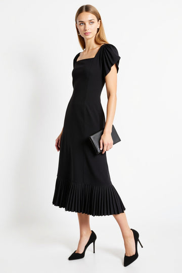 Black Square Neck A Line Pleated Long Work Dress
